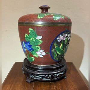 Antique Chinese cloisonné champleve lidded urn ginger jar brass enamel